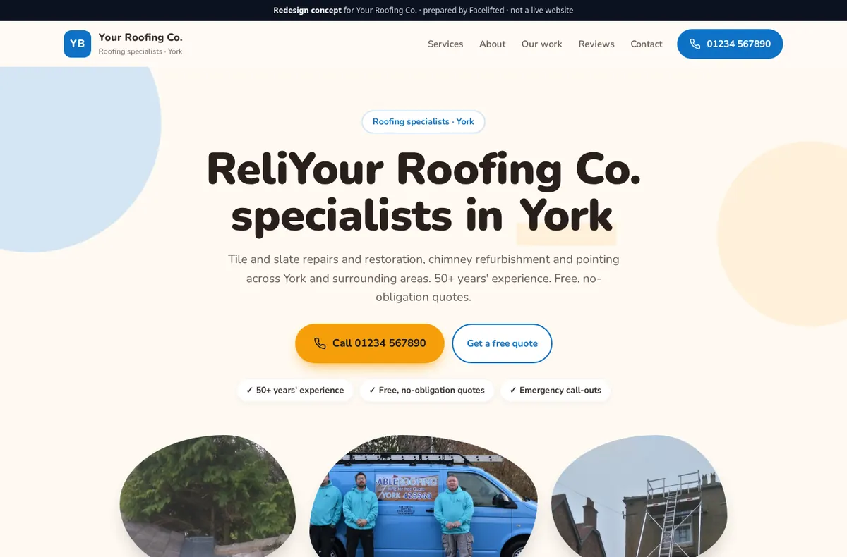 After: concept redesign of the roofer's homepage